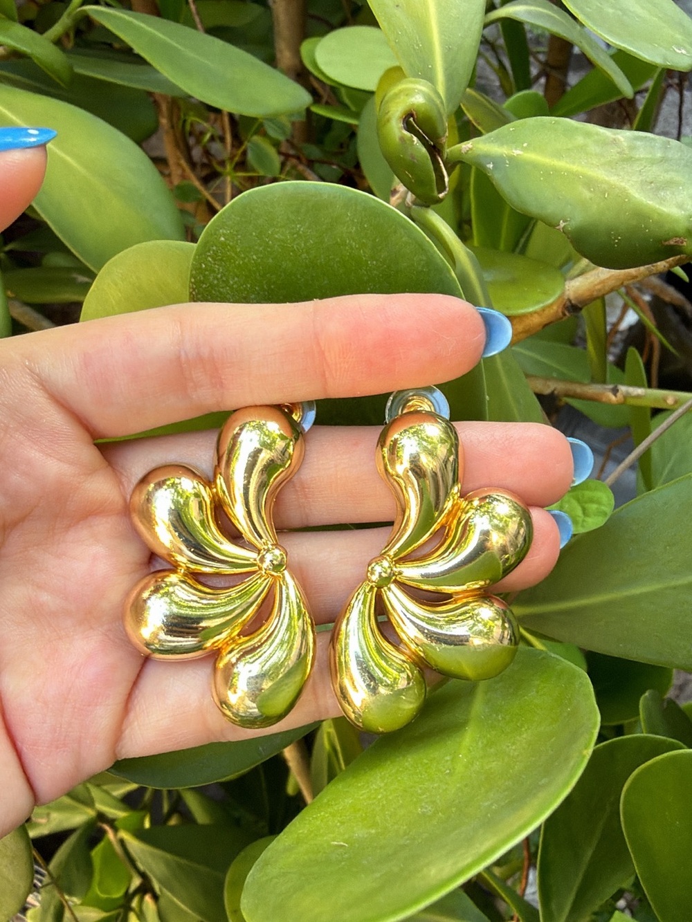 Shiny Gold Floral Petal Drop Earrings for Women